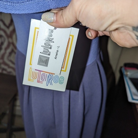 LuLaRoe Size Large NWT Purple Colorblock Amelia Skater Fit Flare Dress POCKETS - Picture 4 of 5